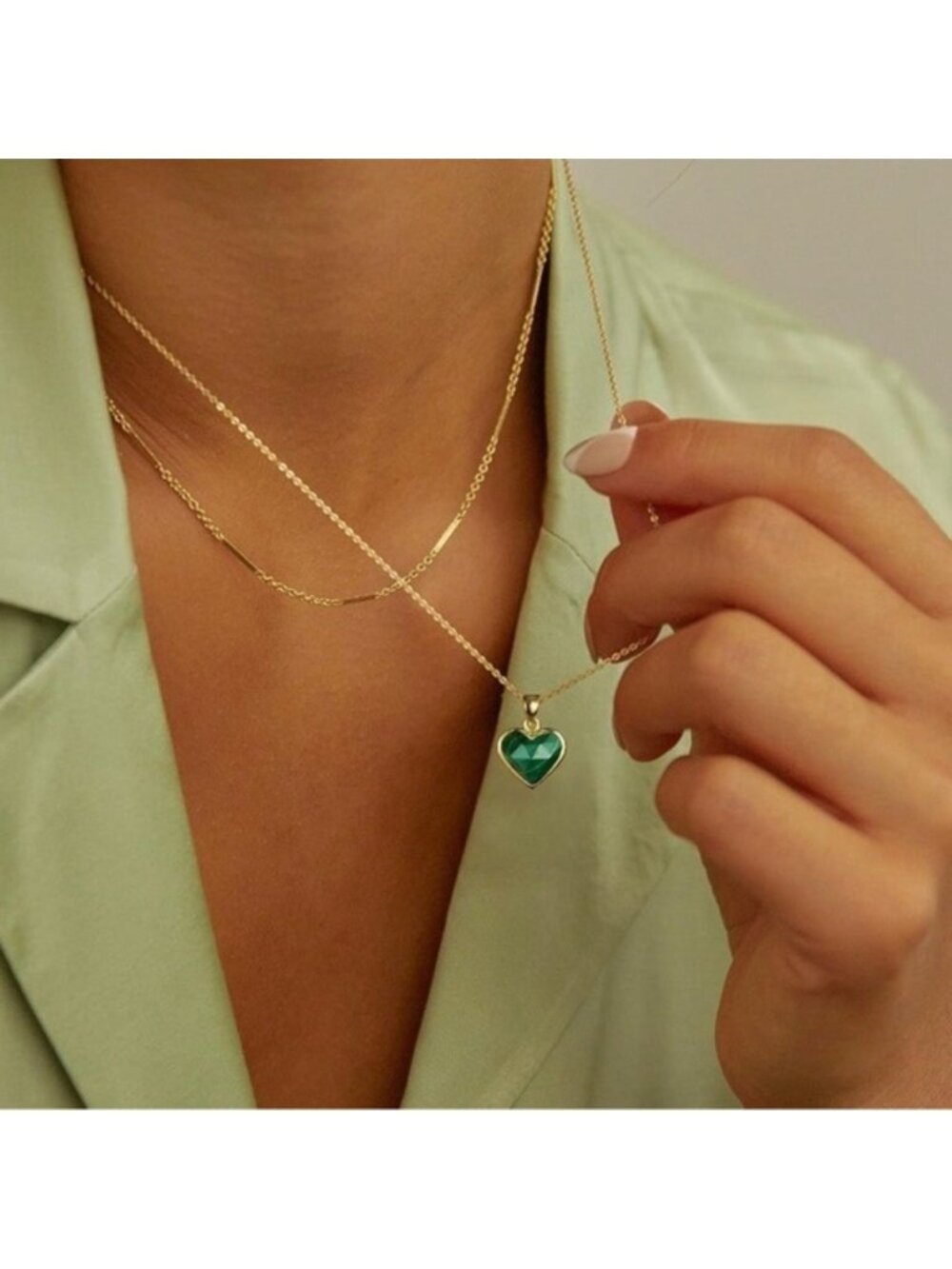 Gold 14k Gold Plated Malachite Heart Stone Necklace